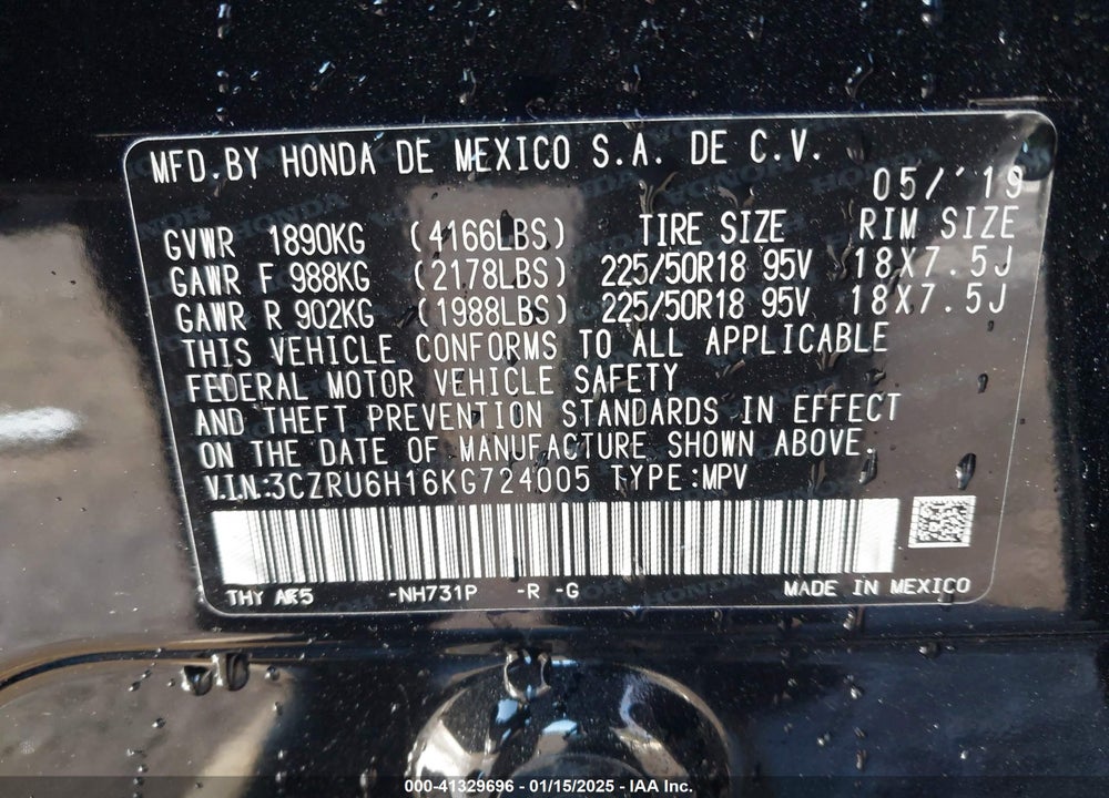 2019 HONDA HR-V SPORT VIN: 3CZRU6H16KG724005