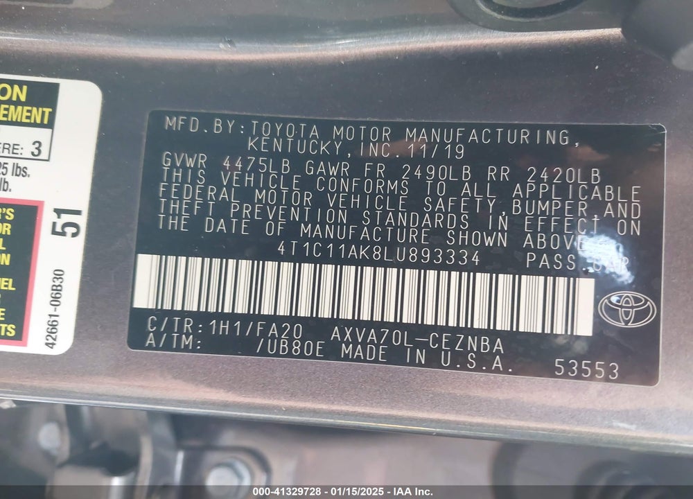 2020 TOYOTA CAMRY VIN: 4T1C11AK8LU893334