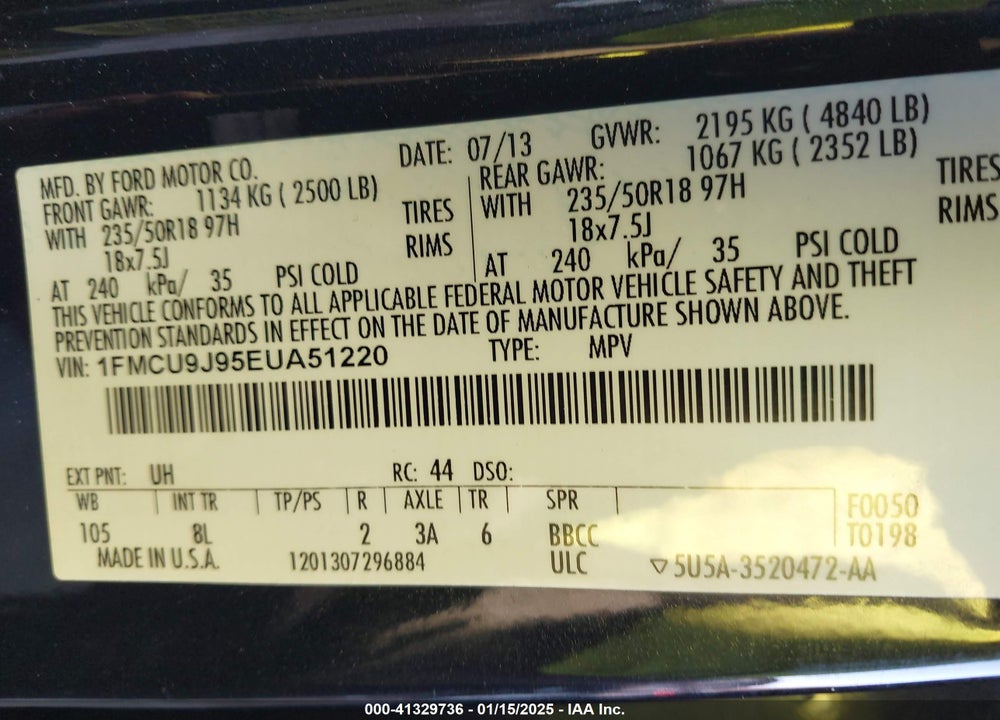 2014 FORD ESCAPE TITANIUM VIN: 1FMCU9J95EUA51220