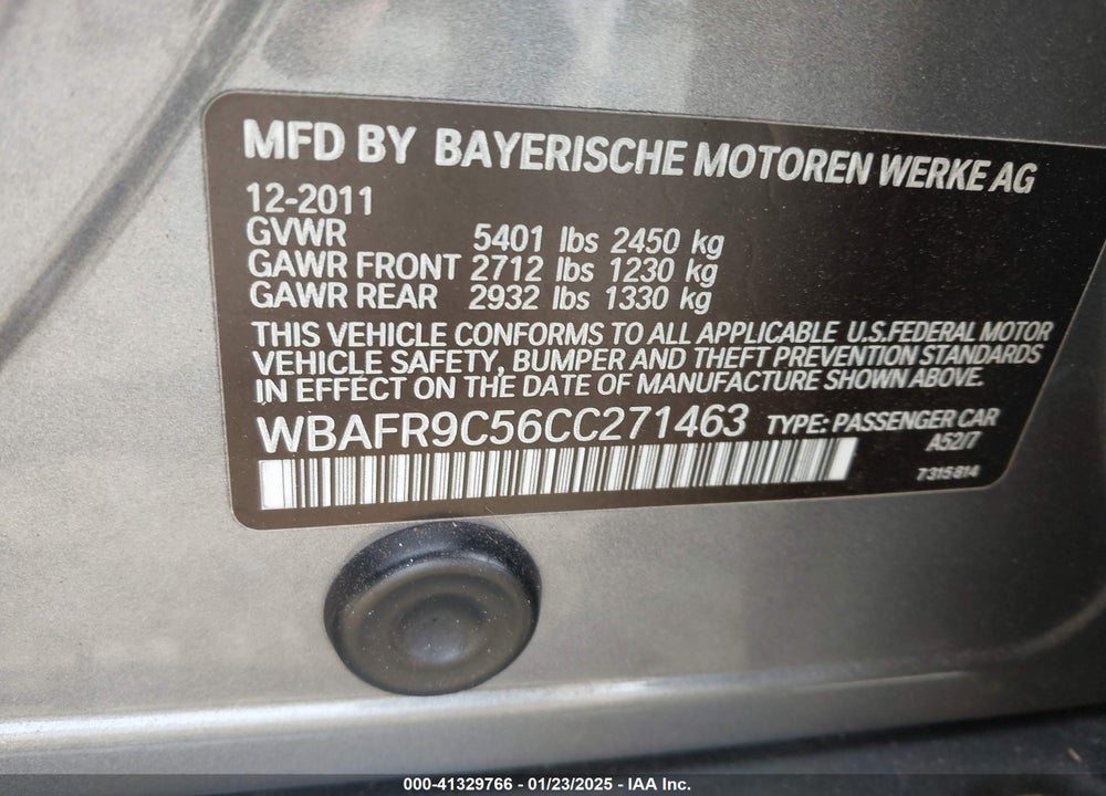 2012 BMW 550I VIN: WBAFR9C56CC271463