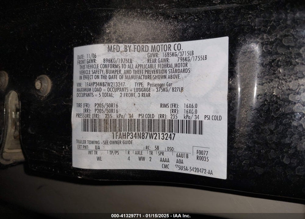 2007 FORD FOCUS S/SE/SES VIN: 1FAHP34N87W213247