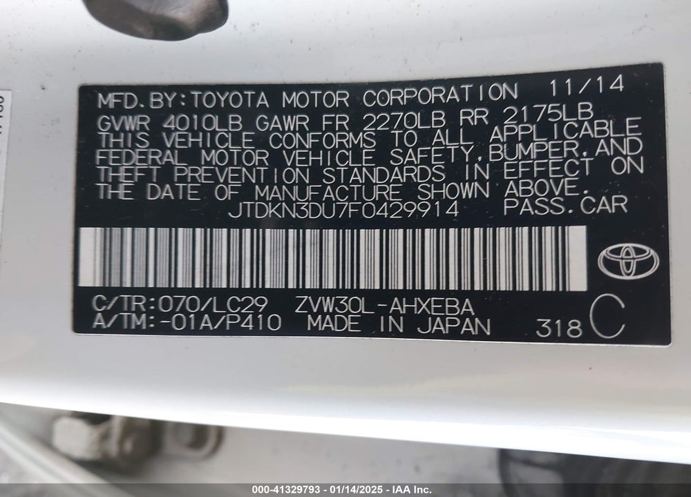 2015 TOYOTA PRIUS VIN: JTDKN3DU7F0429914