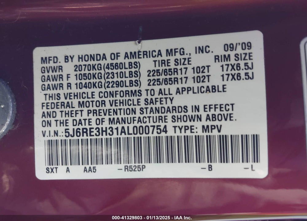 2010 HONDA CR-V LX VIN: 5J6RE3H31AL000754