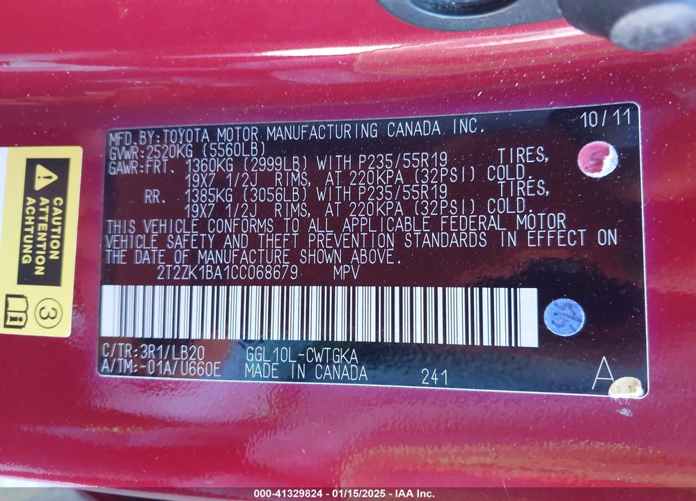 2012 LEXUS RX 350 VIN: 2T2ZK1BA1CC068679