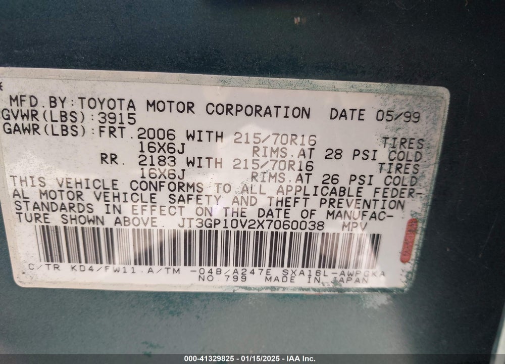 1999 TOYOTA RAV4 VIN: JT3GP10V2X7060038