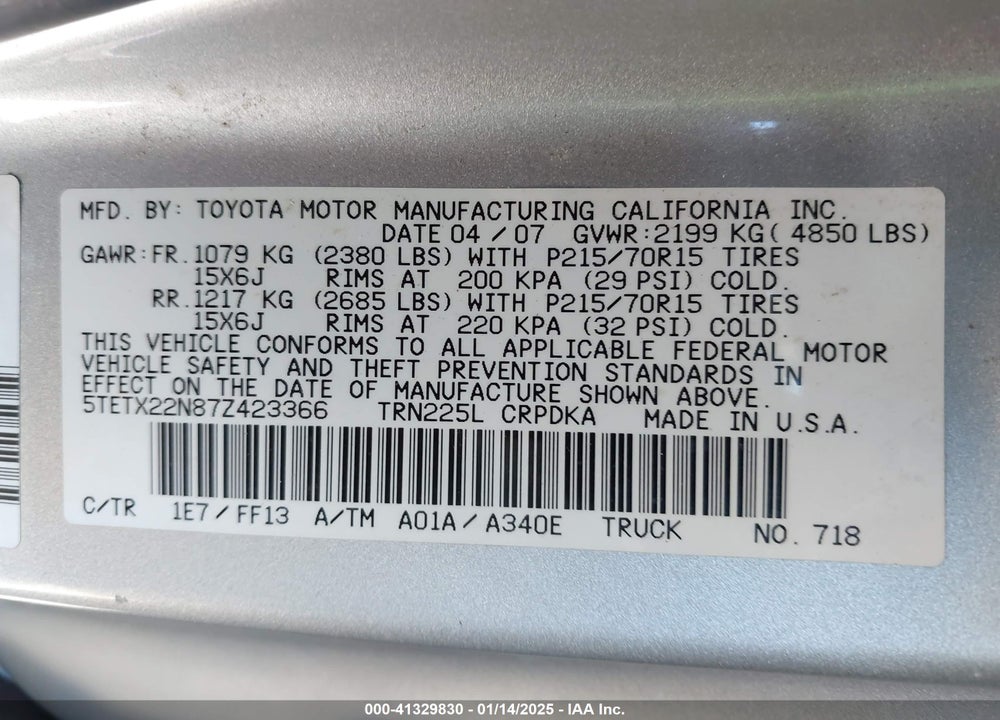 2007 TOYOTA TACOMA VIN: 5TETX22N87Z423366