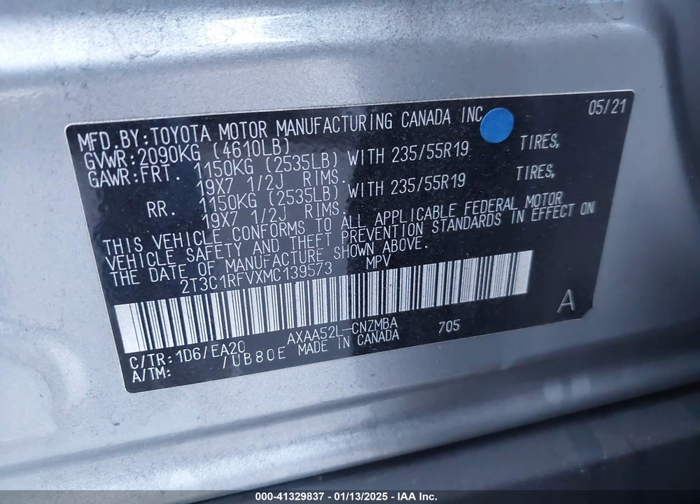 2021 TOYOTA RAV4 XLE PREMIUM VIN: 2T3C1RFVXMC139573