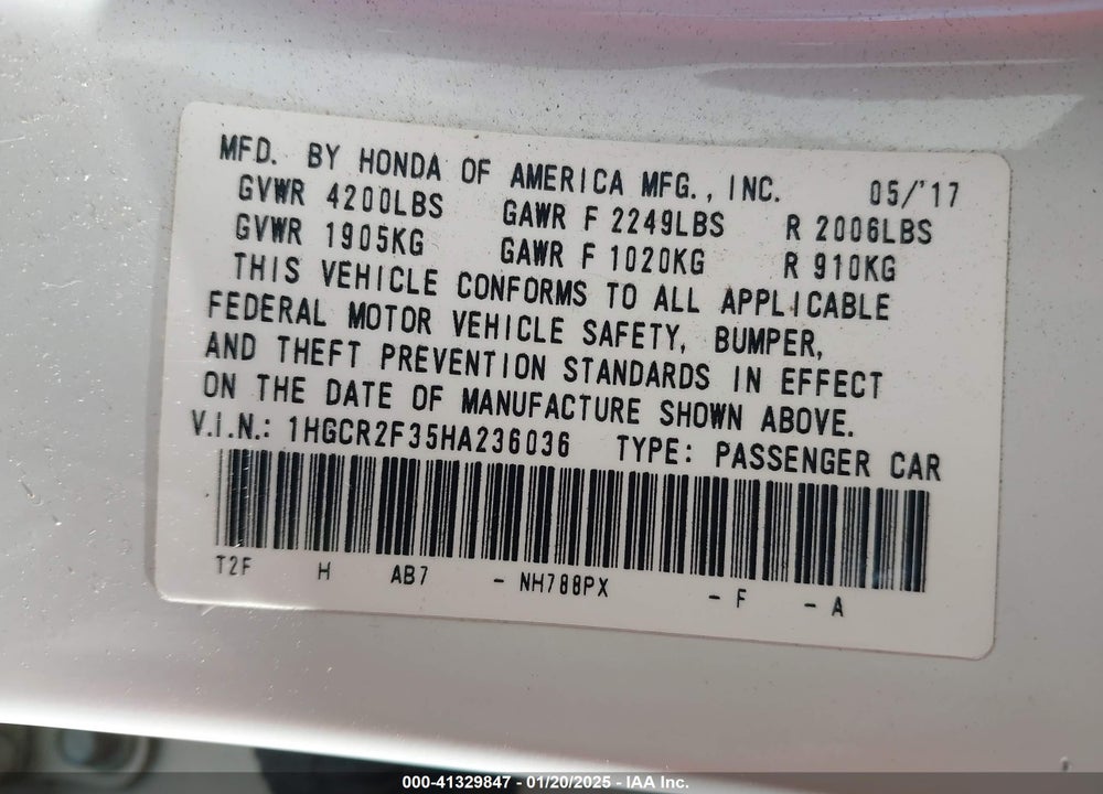 2017 HONDA ACCORD LX VIN: 1HGCR2F35HA236036