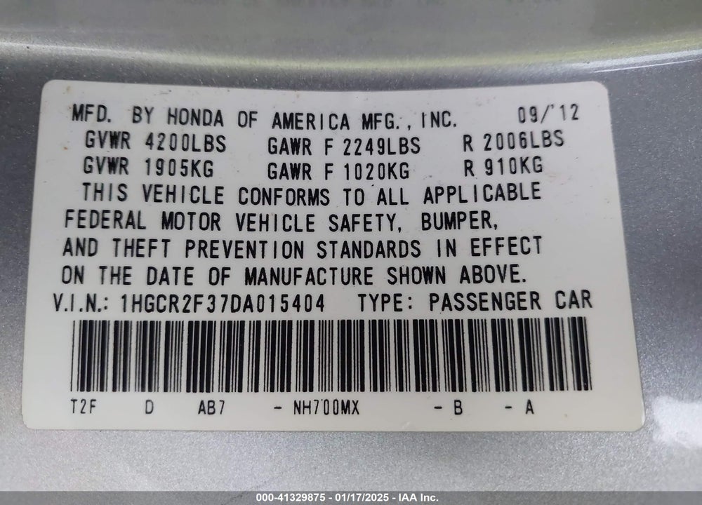 2013 HONDA ACCORD VIN: 1HGCR2F37DA015404