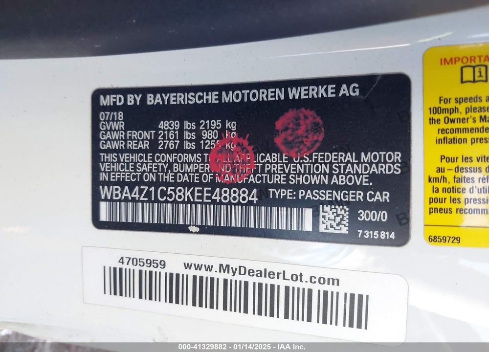 2019 BMW 430I VIN: WBA4Z1C58KEE48884