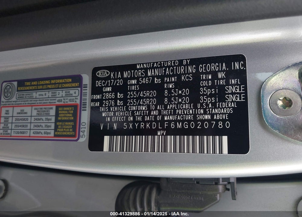 2021 KIA SORENTO SX PRESTIGE VIN: 5XYRKDLF6MG020780