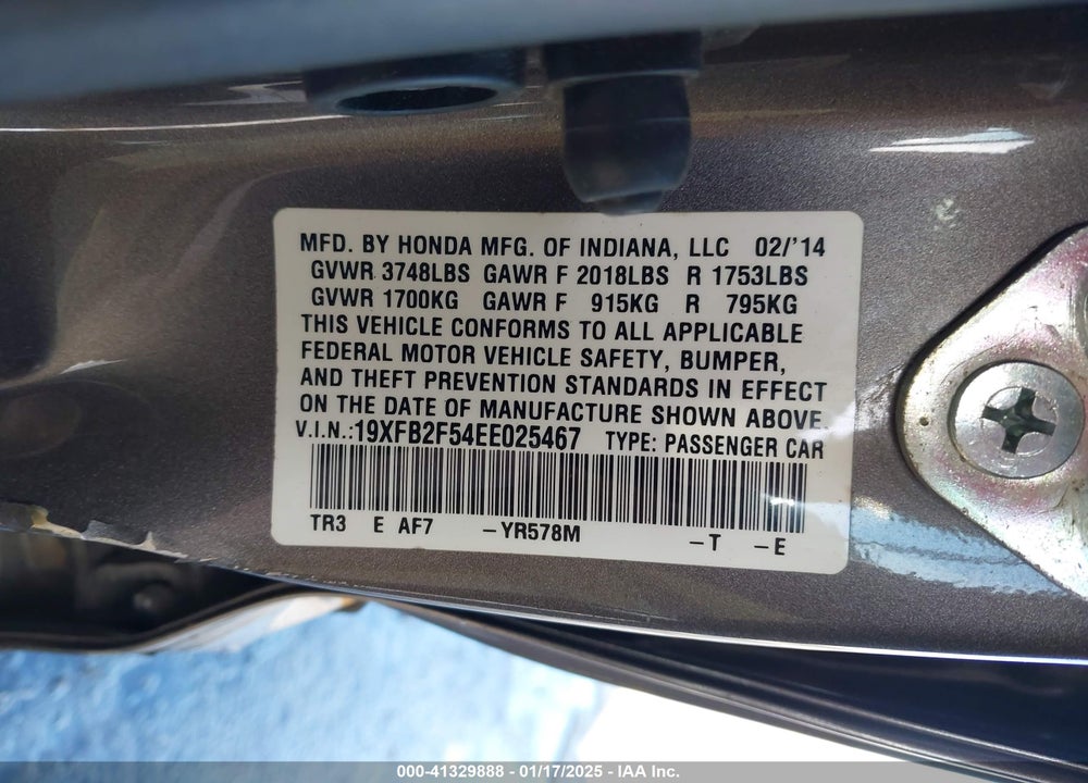2014 HONDA CIVIC VIN: 19XFB2F54EE025467