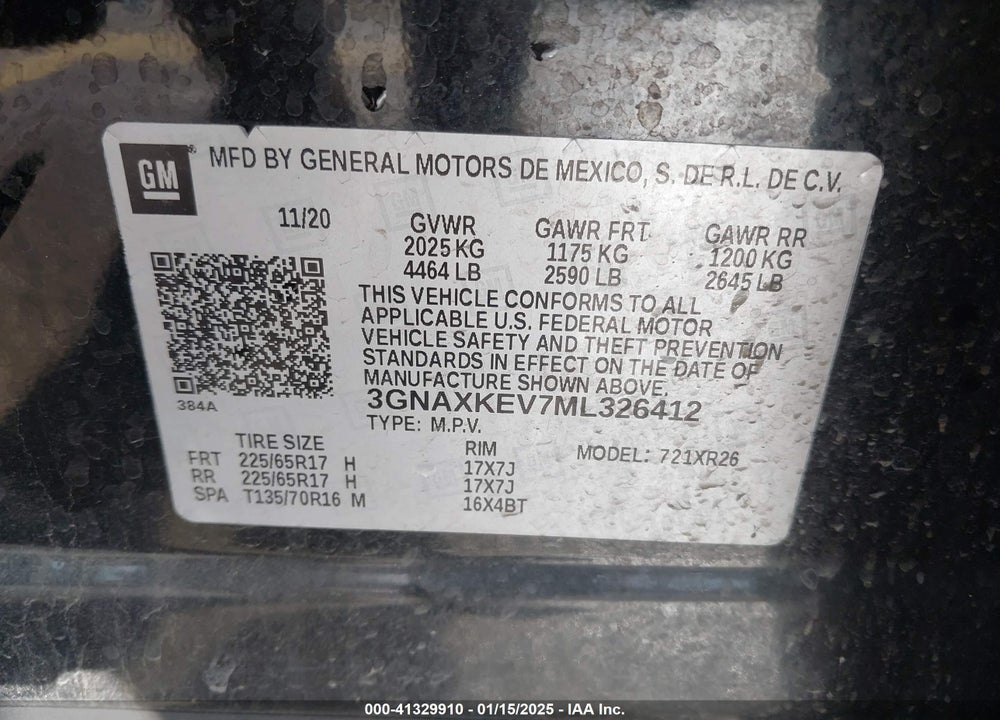2021 CHEVROLET EQUINOX FWD LT VIN: 3GNAXKEV7ML326412