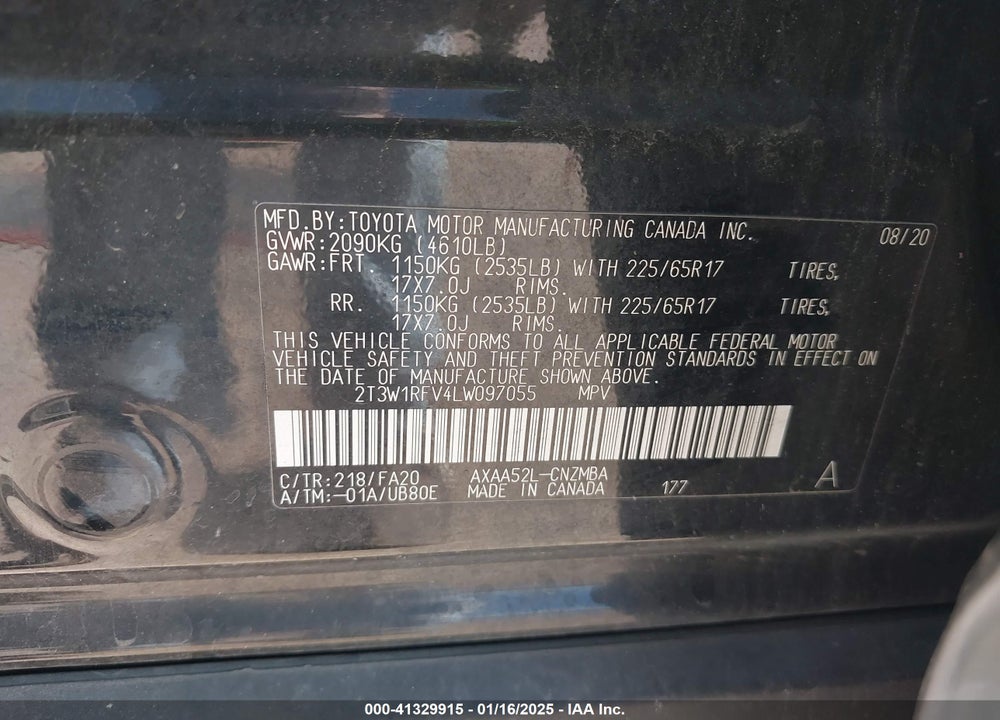 2020 TOYOTA RAV4 XLE VIN: 2T3W1RFV4LW097055