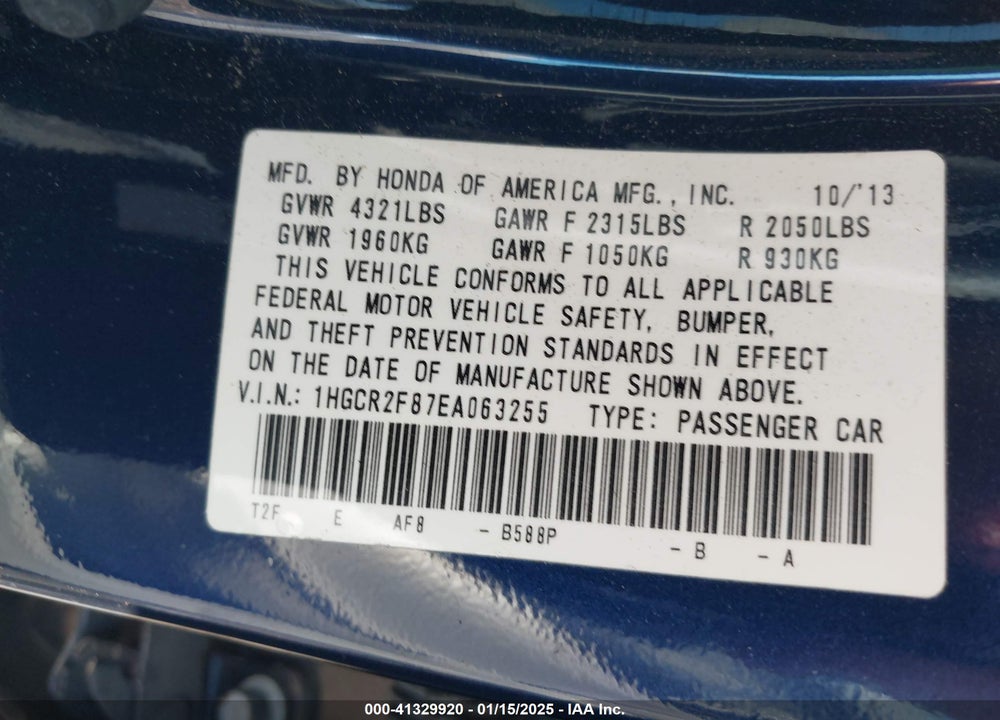 2014 HONDA ACCORD VIN: 1HGCR2F87EA063255