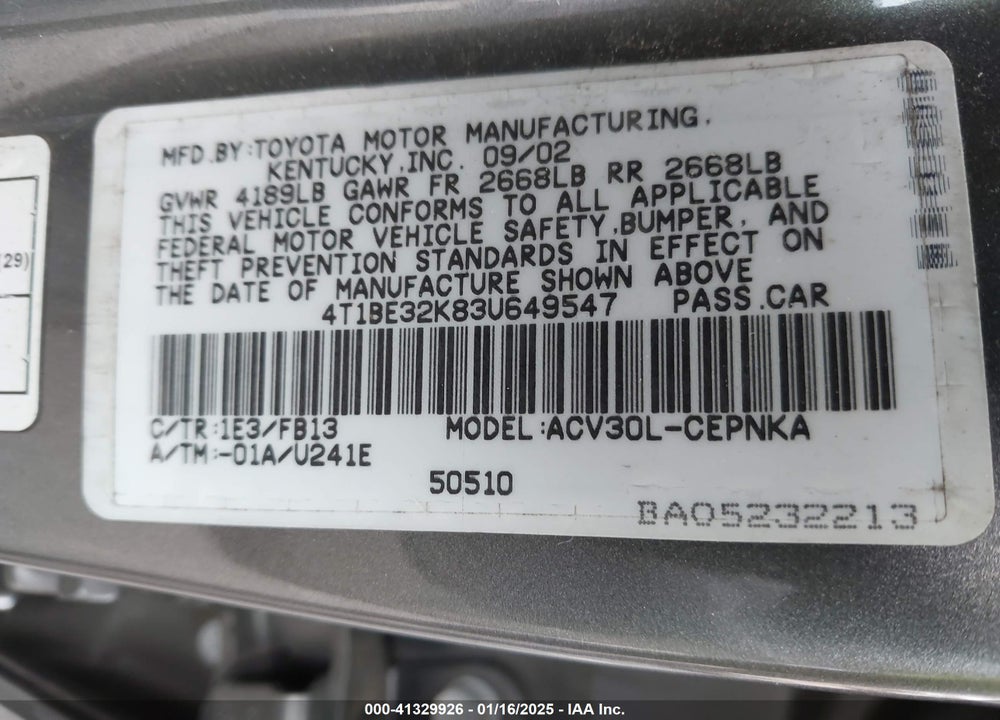 2003 TOYOTA CAMRY LE VIN: 4T1BE32K83U649547