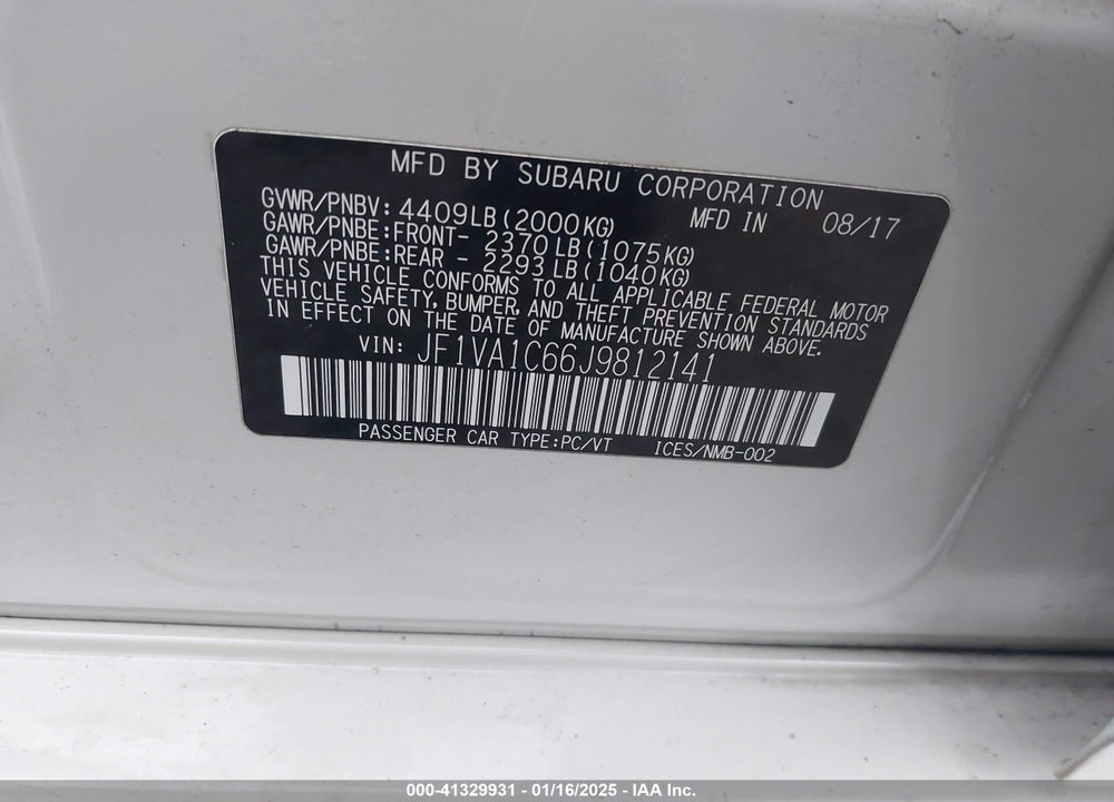 2018 SUBARU WRX PREMIUM VIN: JF1VA1C66J9812141