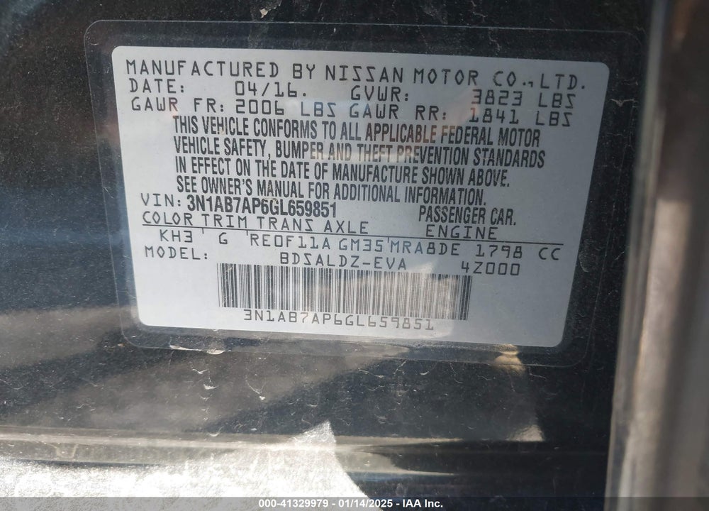 2016 NISSAN SENTRA SV VIN: 3N1AB7AP6GL659851