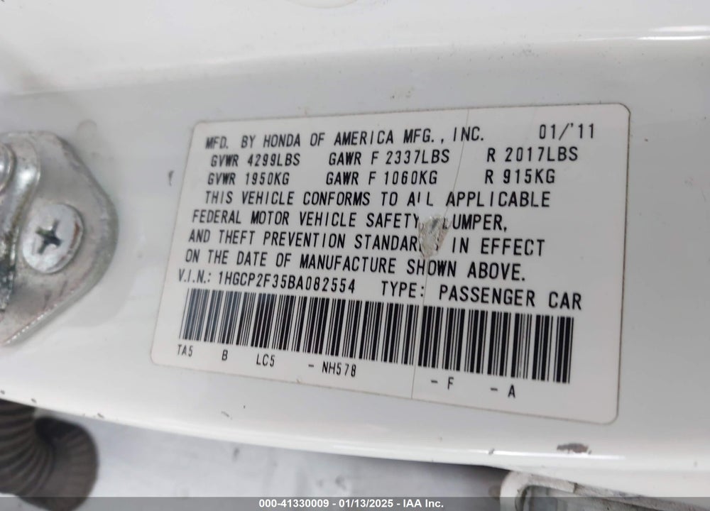 2011 HONDA ACCORD VIN: 1HGCP2F35BA082554