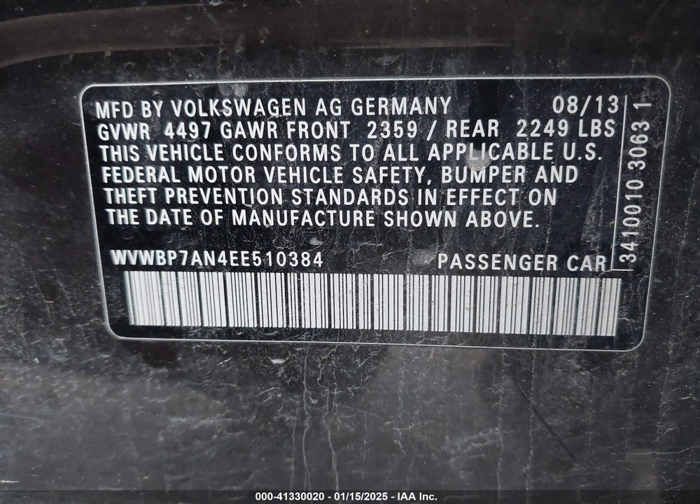 2014 VOLKSWAGEN CC 2.0T SPORT VIN: WVWBP7AN4EE510384