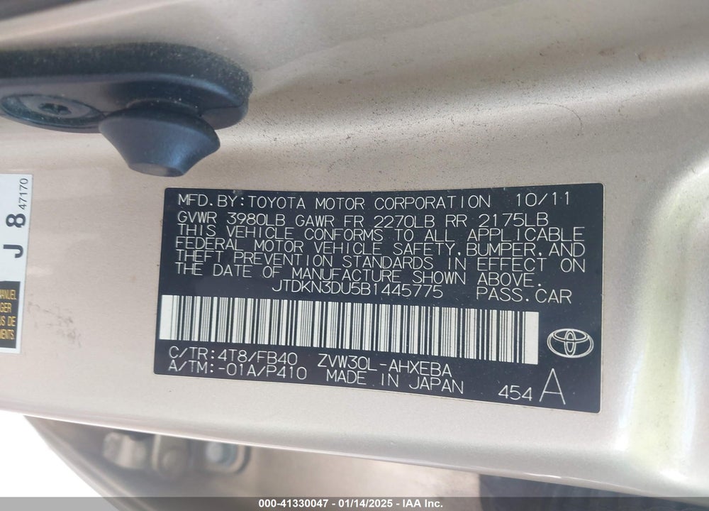 2011 TOYOTA PRIUS VIN: JTDKN3DU5B1445775