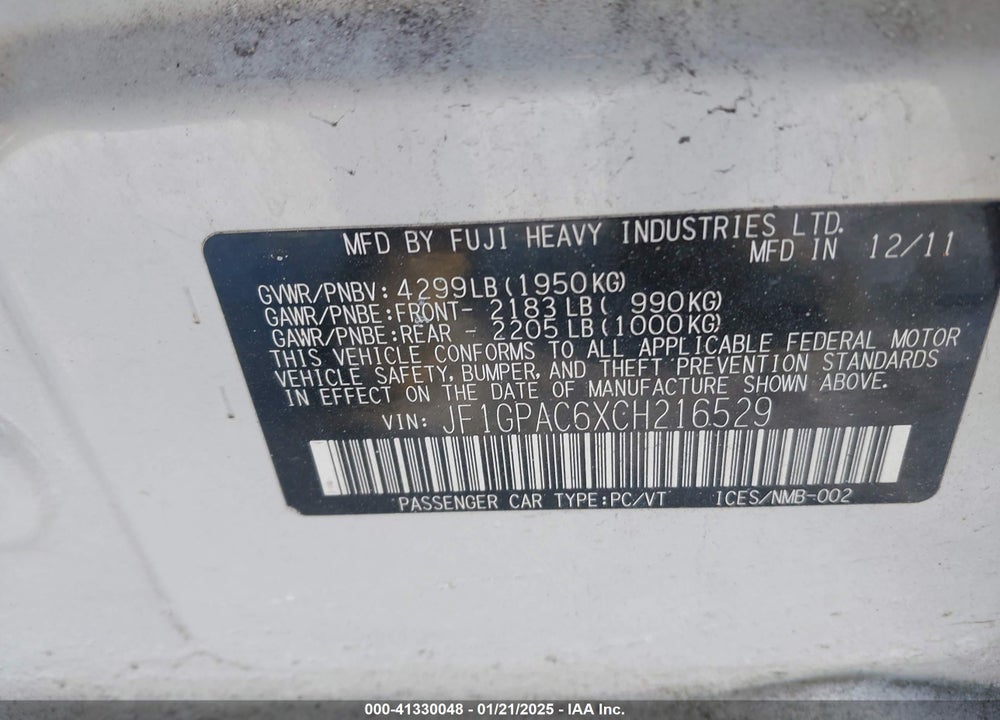 2012 SUBARU IMPREZA 2.0I PREMIUM VIN: JF1GPAC6XCH216529