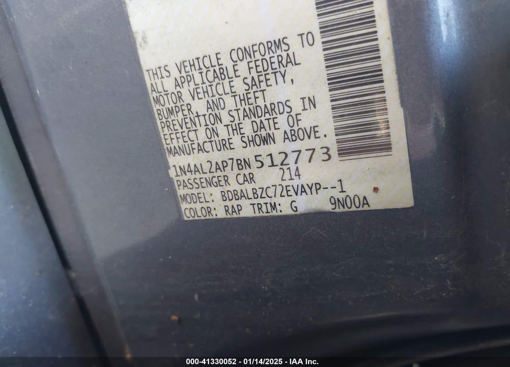2011 NISSAN ALTIMA VIN: 1N4AL2AP7BN512773