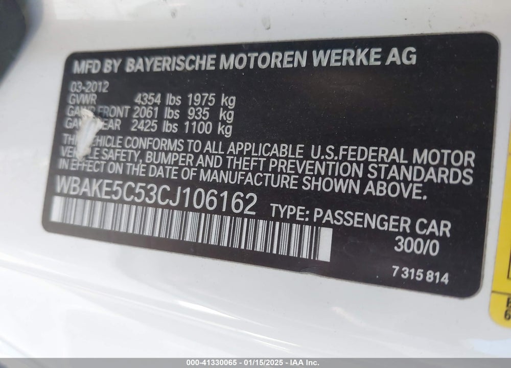 2012 BMW 328I VIN: WBAKE5C53CJ106162