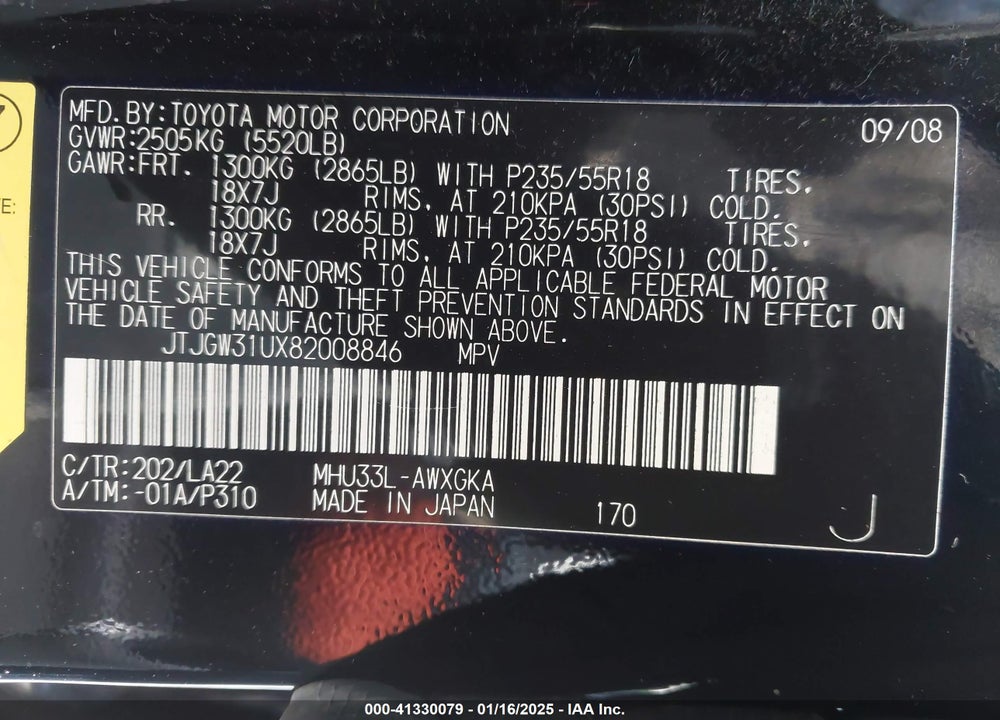 2008 LEXUS RX 400H VIN: JTJGW31UX82008846