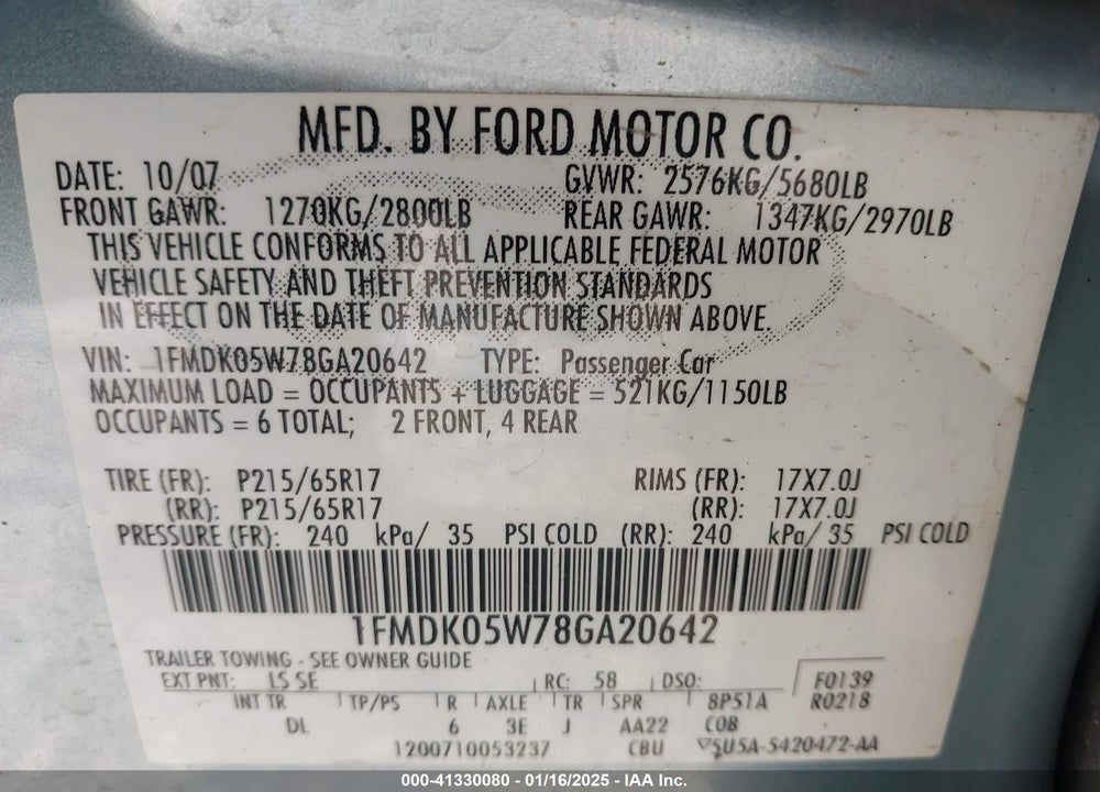 2008 FORD TAURUS X VIN: 1FMDK05W78GA20642