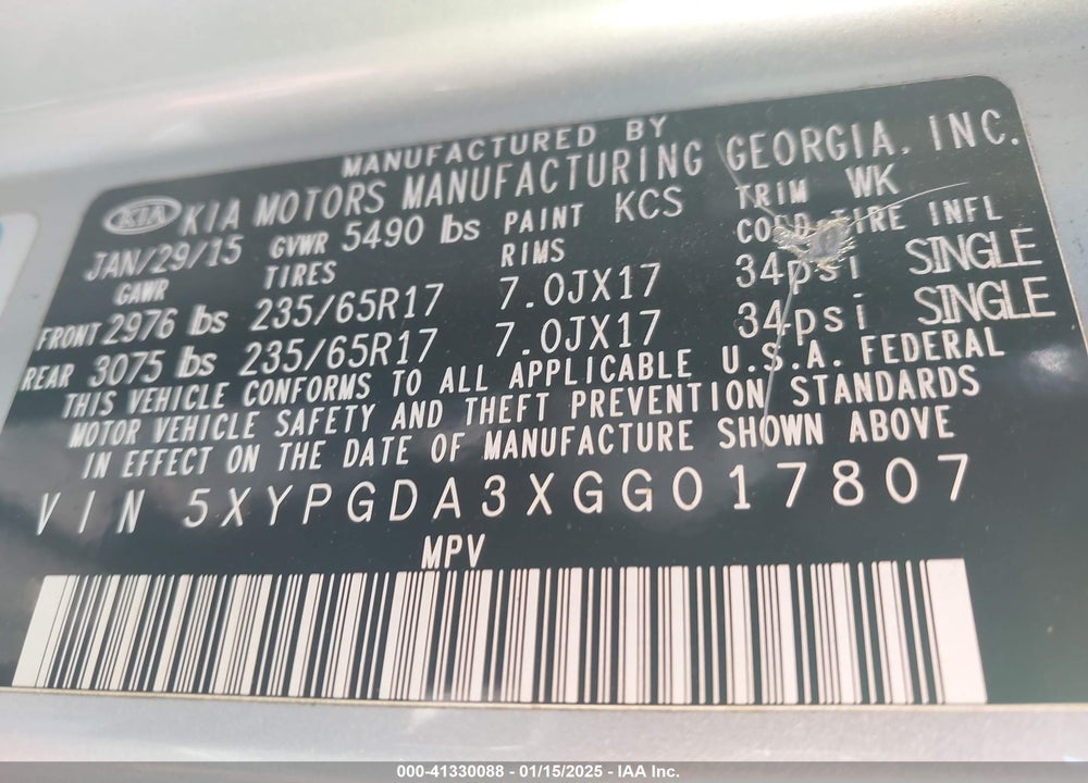 2016 KIA SORENTO 2.4L LX VIN: 5XYPGDA3XGG017807
