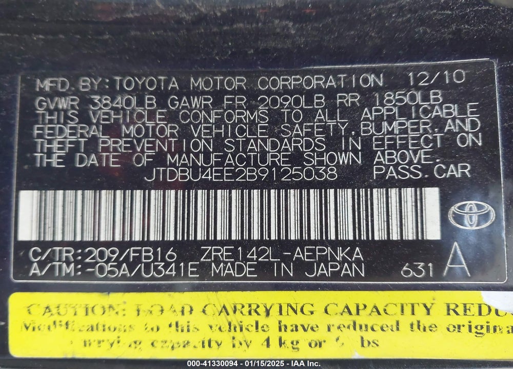 2011 TOYOTA COROLLA VIN: JTDBU4EE2B9125038