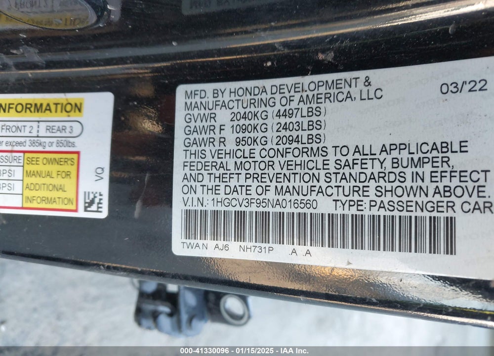 2022 HONDA ACCORD VIN: 1HGCV3F95NA016560
