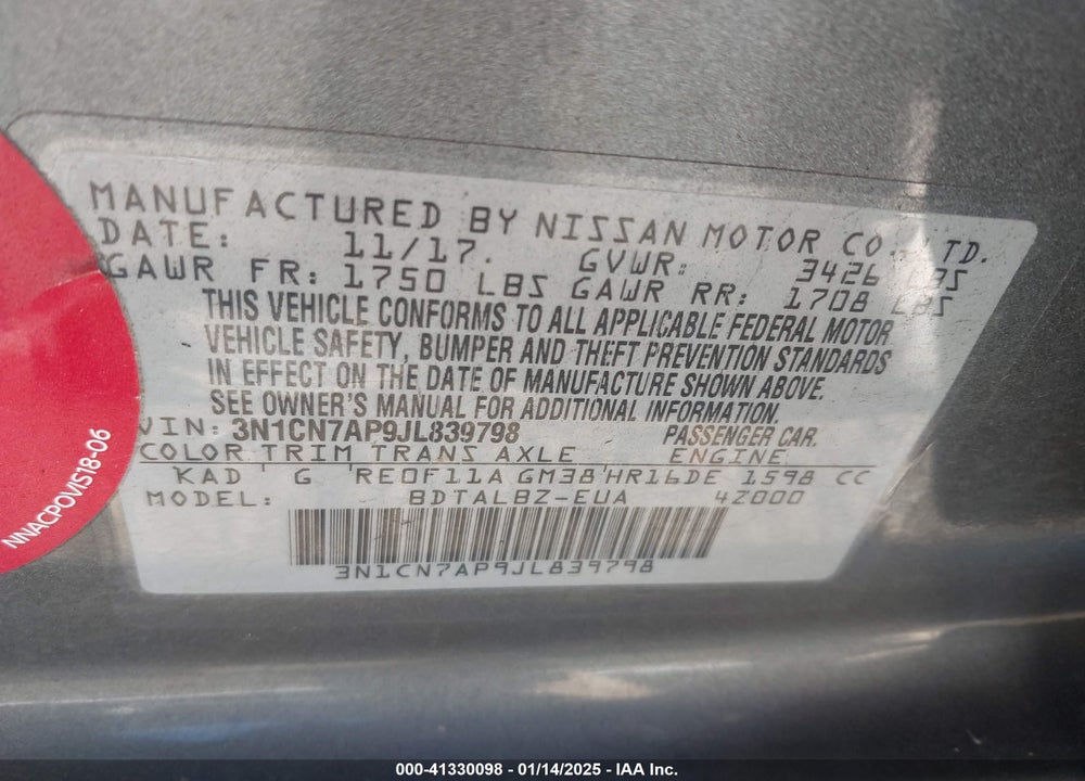 2018 NISSAN VERSA VIN: 3N1CN7AP9JL839798