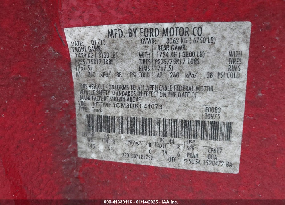2013 FORD F-150 VIN: 1FTMF1CM3DKF41073