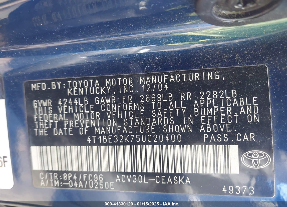 2005 TOYOTA CAMRY SE VIN: 4T1BE32K75U020400
