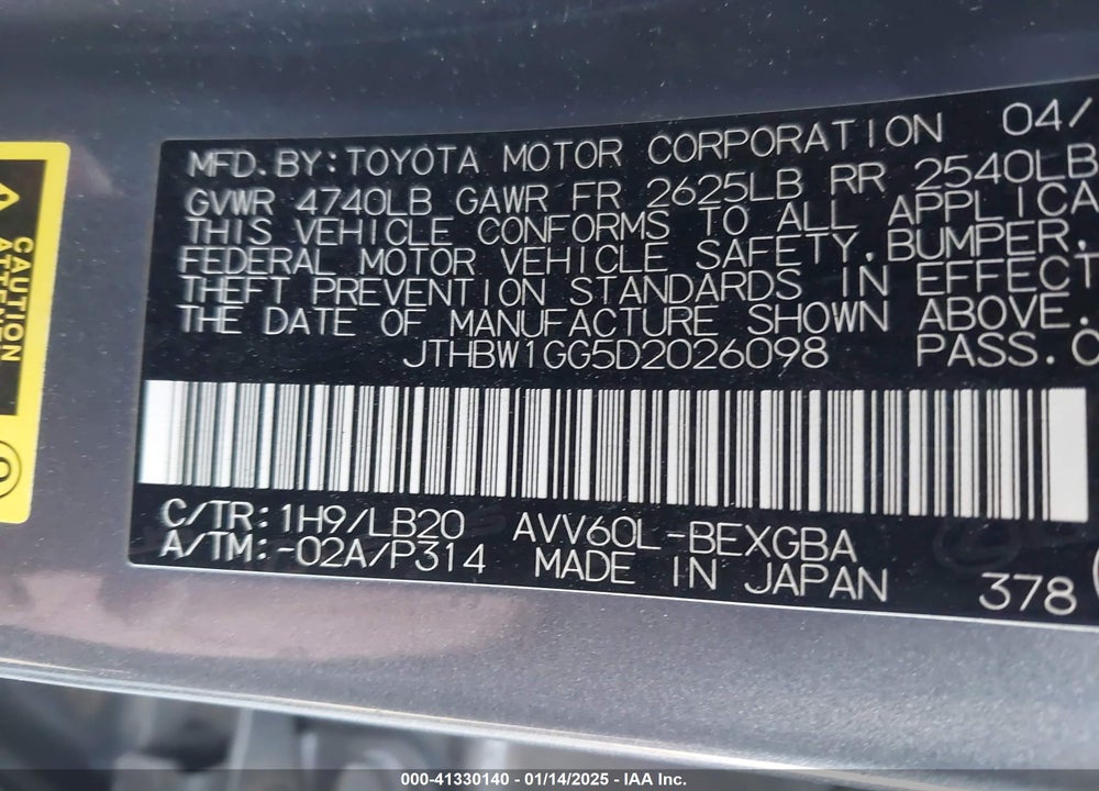 2013 LEXUS ES 300H VIN: JTHBW1GG5D2026098