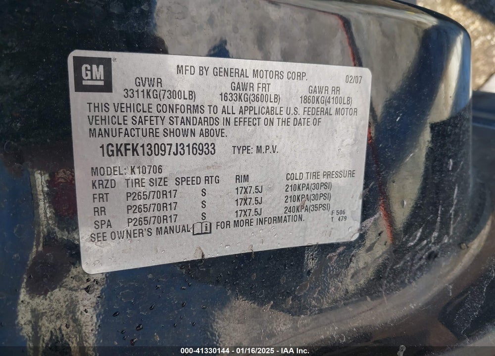 2007 GMC YUKON SLT VIN: 1GKFK13097J316933