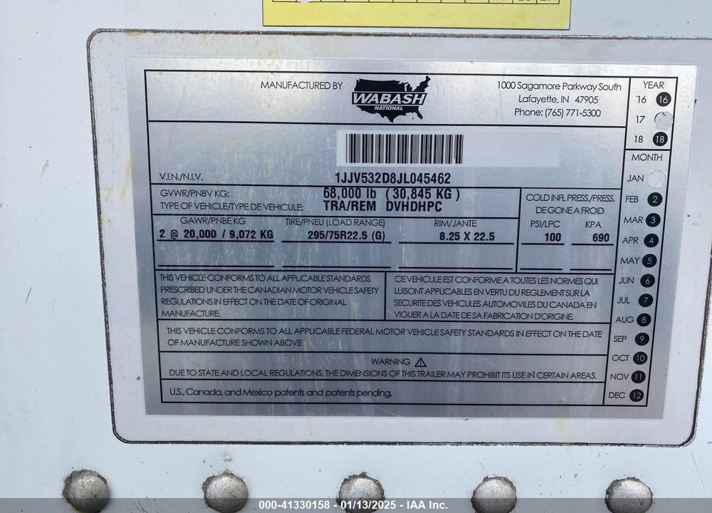 2018 WABASH NATIONAL CORP TRAILER VIN: 1JJV532D8JL045462