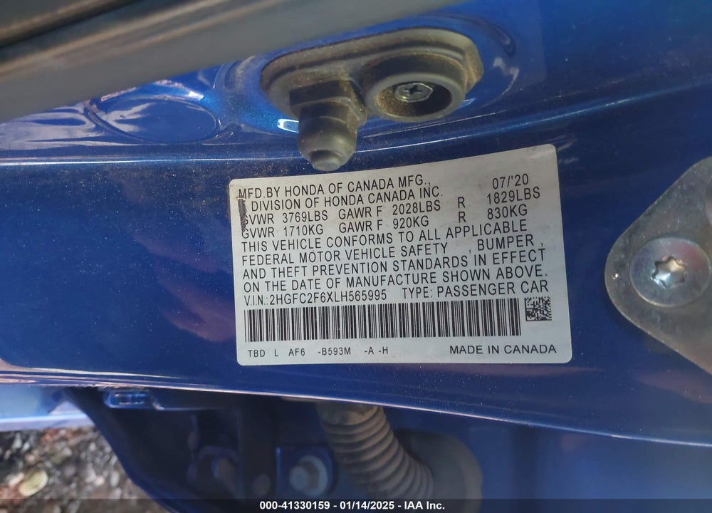 2020 HONDA CIVIC VIN: 2HGFC2F6XLH565995