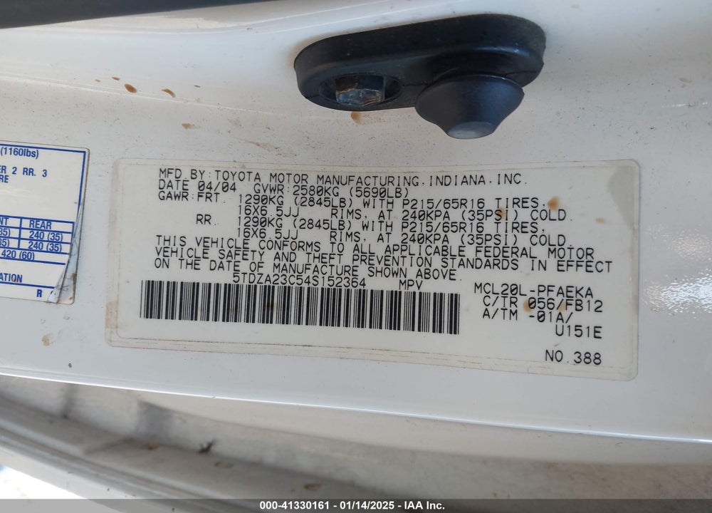 2004 TOYOTA SIENNA LE VIN: 5TDZA23C54S152364