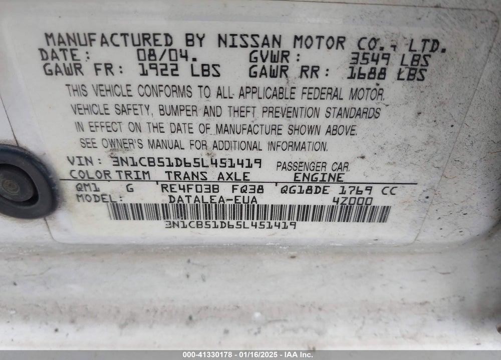 2005 NISSAN SENTRA 1.8S VIN: 3N1CB51D65L451419