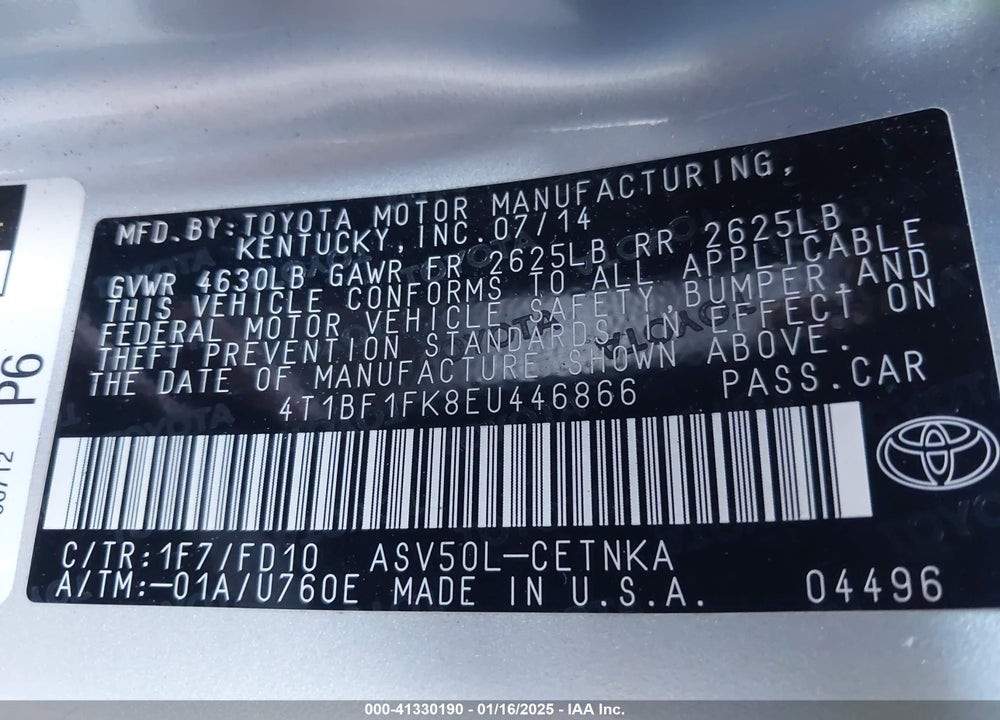 2014 TOYOTA CAMRY VIN: 4T1BF1FK8EU446866