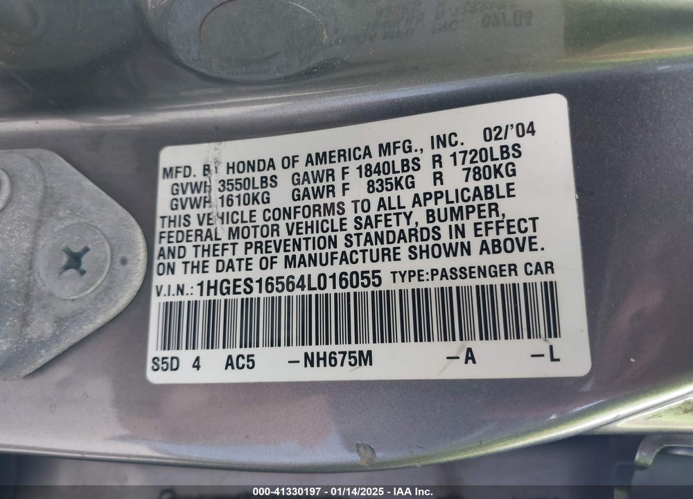 2004 HONDA CIVIC LX VIN: 1HGES16564L016055