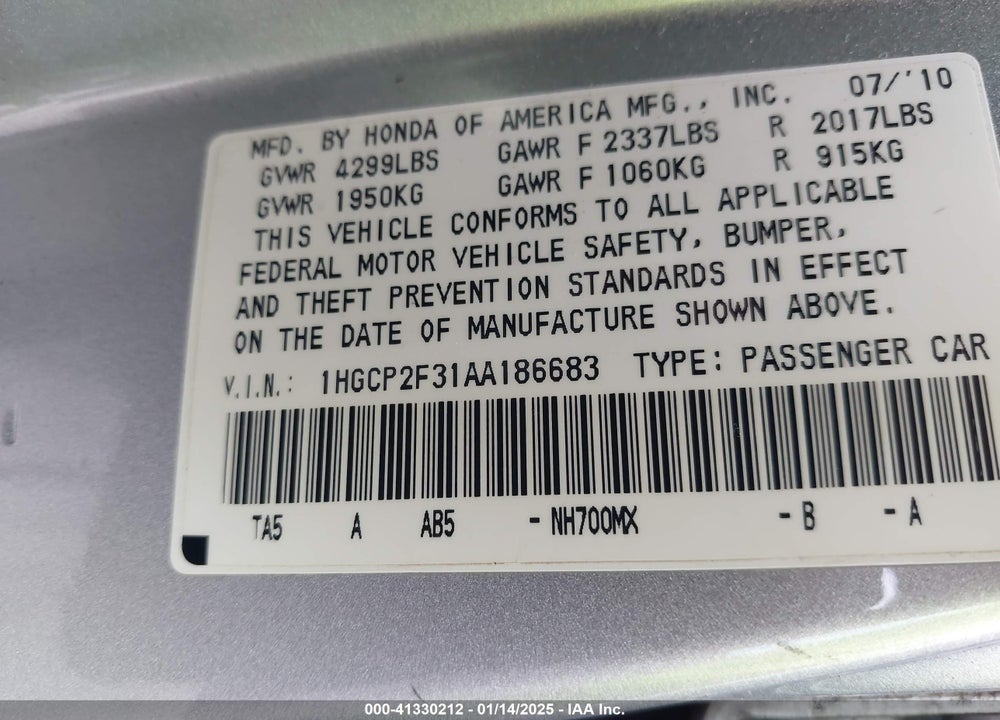 2010 HONDA ACCORD 2.4 LX VIN: 1HGCP2F31AA186683