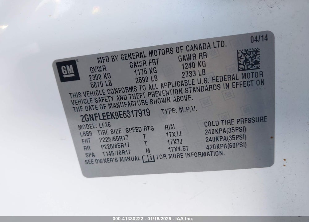 2014 CHEVROLET EQUINOX LS VIN: 2GNFLEEK9E6317919