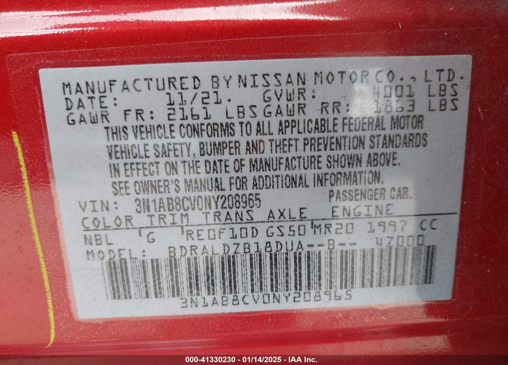 2022 NISSAN SENTRA SV XTRONIC CVT VIN: 3N1AB8CV0NY208965