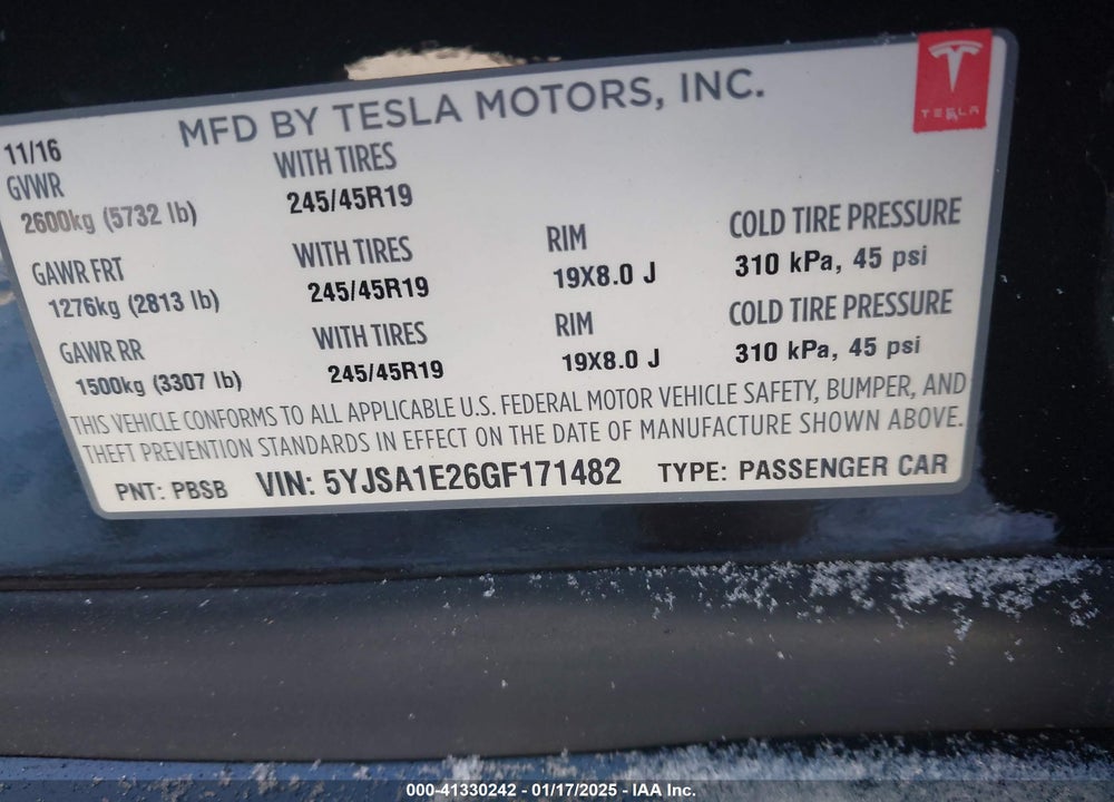 2016 TESLA MODEL S VIN: 5YJSA1E26GF171482