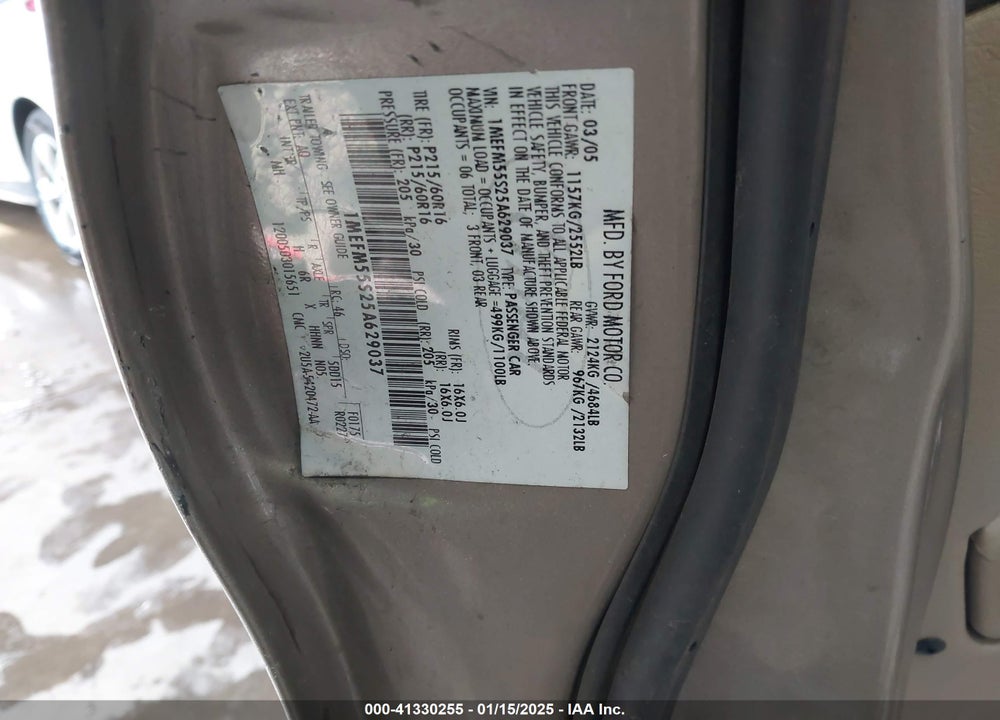 2005 MERCURY SABLE LS VIN: 1MEFM55S25A629037