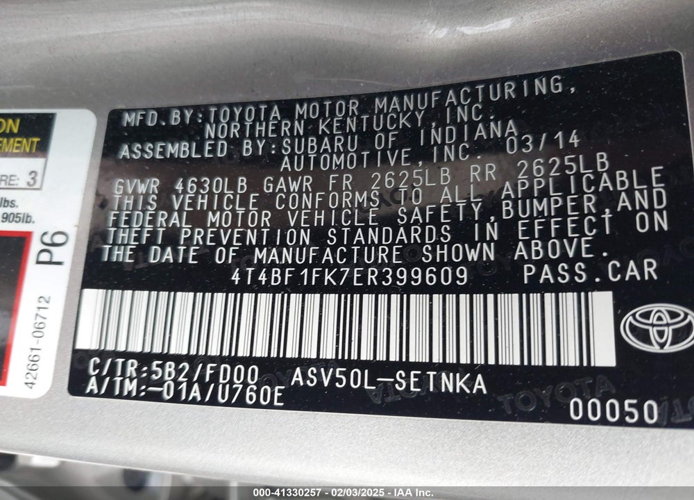 2014 TOYOTA CAMRY VIN: 4T4BF1FK7ER399609